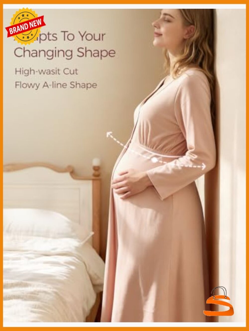 Nursing Maternity Nightgown Long Sleeve Breastfeeding Labor & Delivery View 4